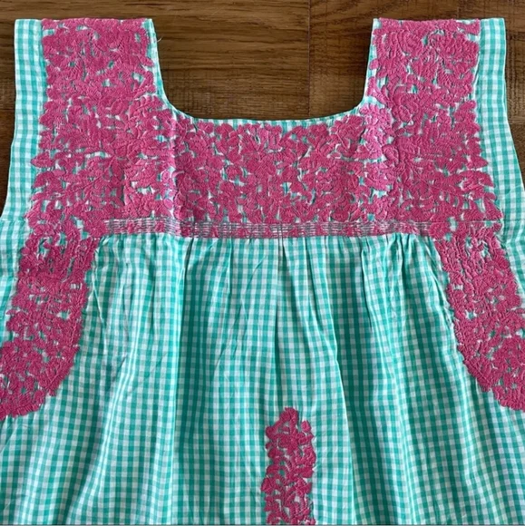 J. Marie Gingham Green Pink Embrodiery Top Sz Large - Picture 2 of 5